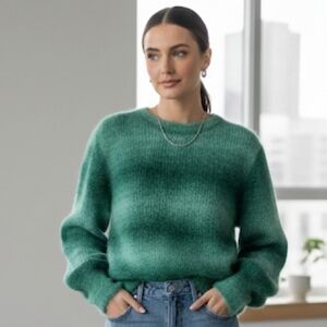 Cozy Contemporary Green Fuzzy Knit Sweater | Balloon Sleeves | Size XL